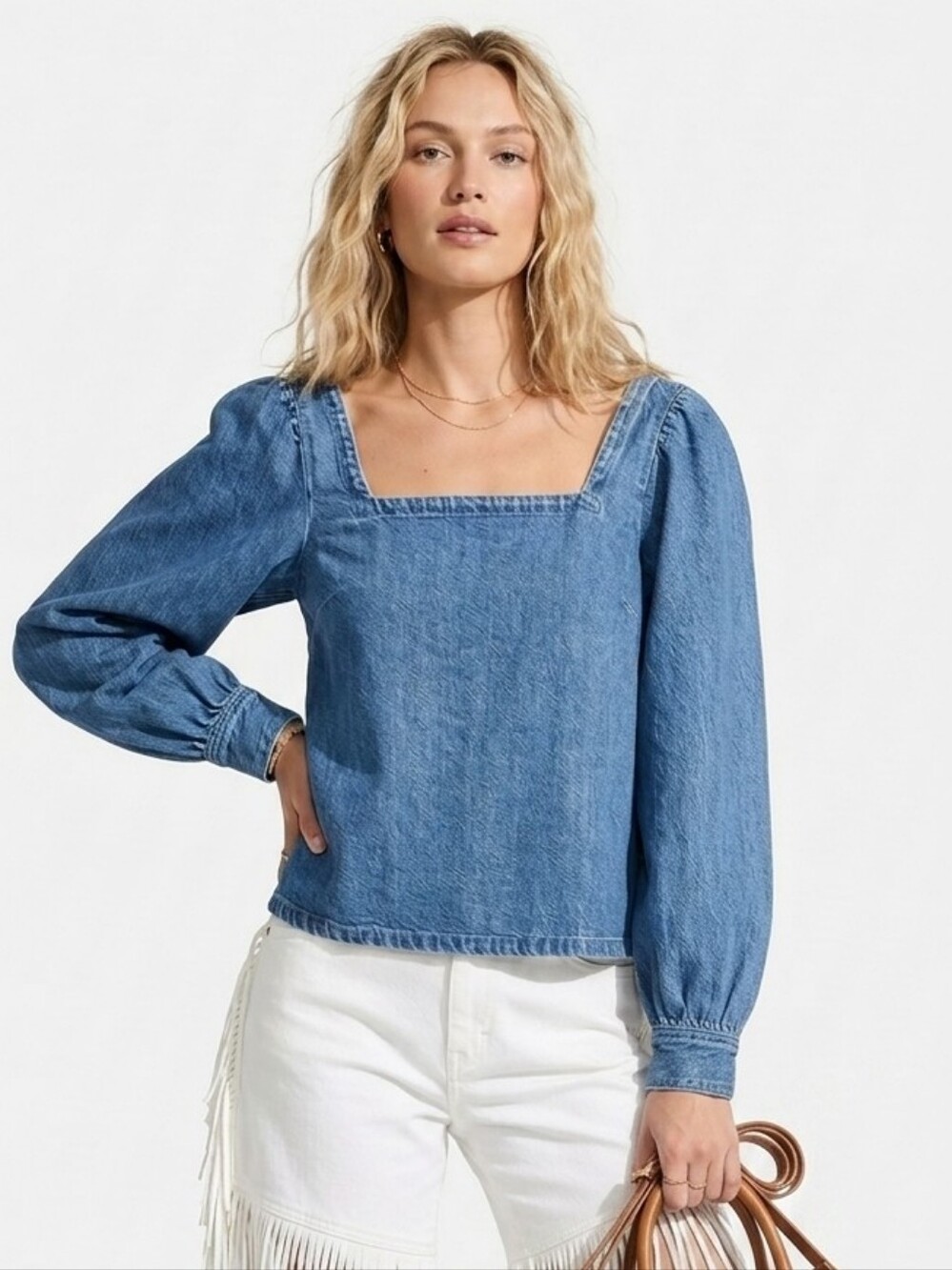 J. Crew Re-Imagined Cotton-Linen Square Neck Puff Sleeve Denim Top - XS - NWT